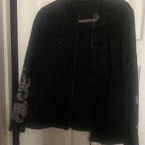 Dg black denim jacket embroidered on sleeves zipper